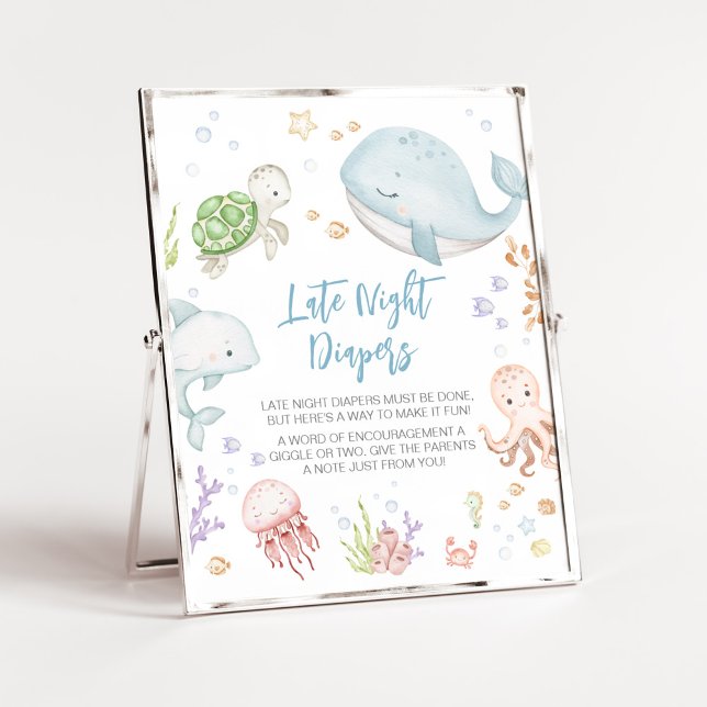 Under The Sea Baby Shower Late Night Diapers Poster (Sea Creatures Ocean Baby Shower Late Night Diapers Sign)