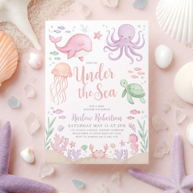 Under The Sea Baby Shower Ocean Girl Invitation (Under the Sea Girl Baby Shower Invitation | Ocean themed invite in pink purple)