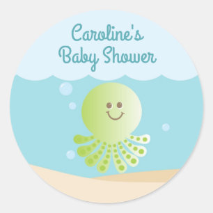 Under the Sea Baby Shower Round Sticker blue-green