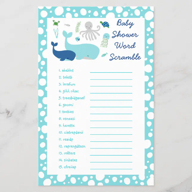 Under The Sea Baby Shower Word Scramble Game | Zazzle