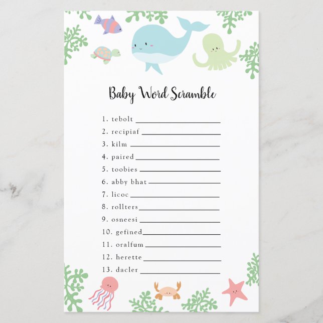 Under the Sea Baby Shower Word Scramble Game (Front)