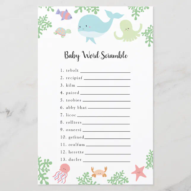 Under the Sea Baby Shower Word Scramble Game | Zazzle