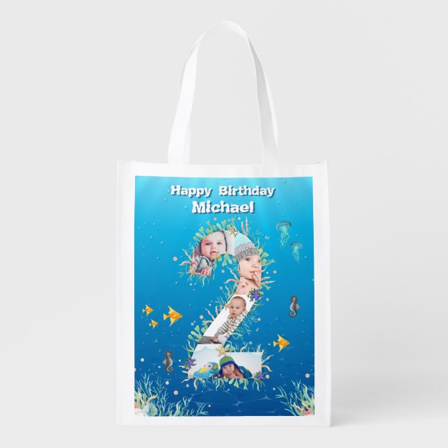 Under The Sea Big 2nd Birthday Photo Collage Grocery Bag (Front)