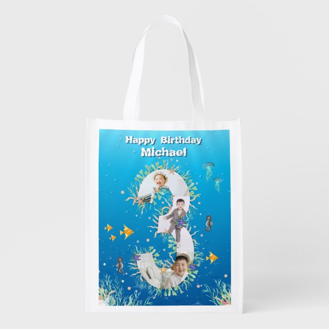 Under The Sea Big 3rd Birthday Photo Collage Grocery Bag (Front)