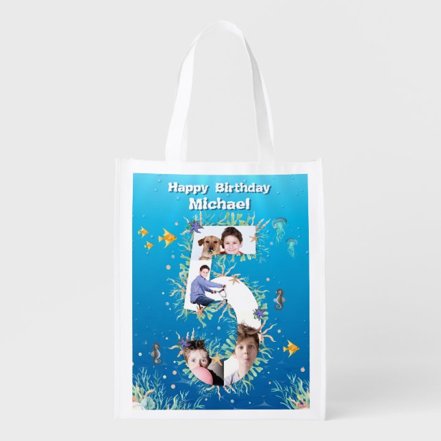 Under The Sea Big 5th Birthday Photo Collage Grocery Bag (Front)