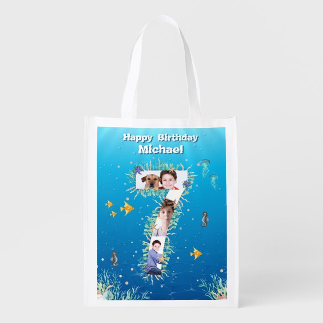 Under The Sea Big 7th Birthday Photo Collage Grocery Bag (Front)