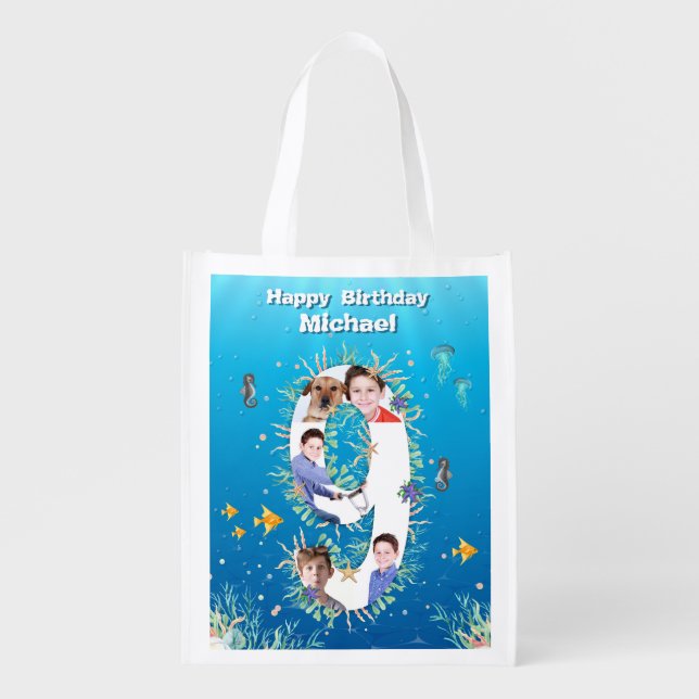 Under The Sea Big 9th Birthday Photo Collage Grocery Bag (Front)