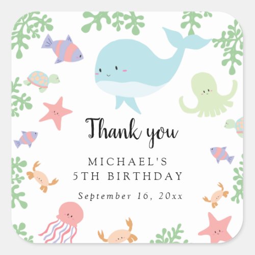 Under the Sea Birthday Cute Kawaii Thank you   Square Sticker