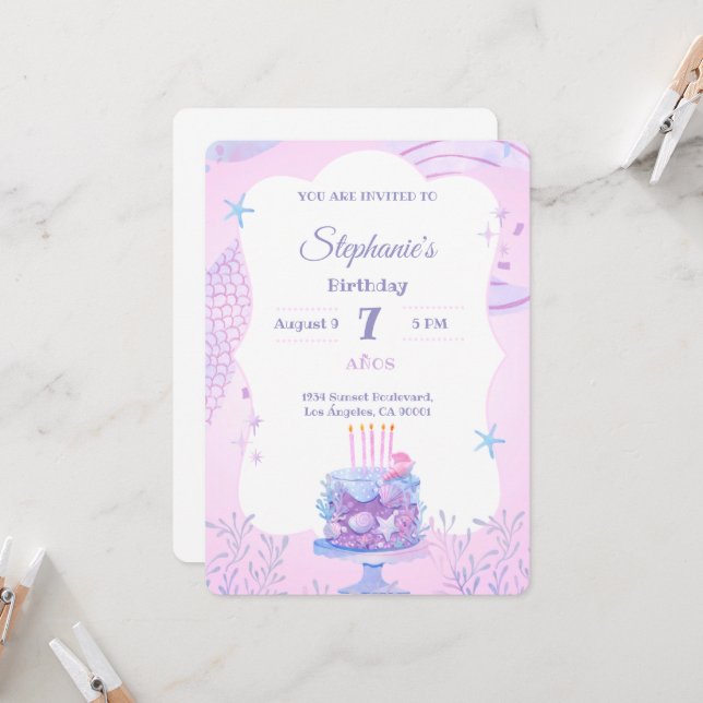 Under the Sea Birthday Girl’s 7th Ocean Theme Invitation (Front/Back In Situ)