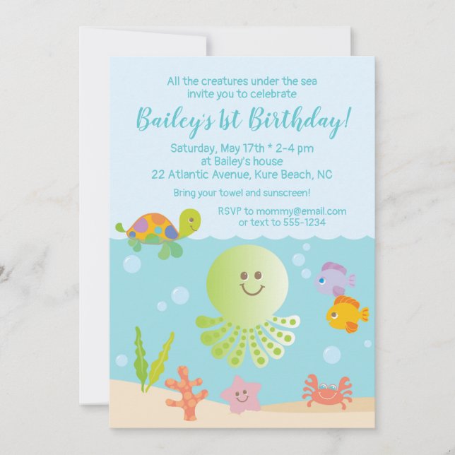 Under the Sea Birthday Invitation in Blue & Green (Front)