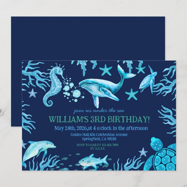 Under the Sea birthday invitation, ocean boy  Invitation (Front/Back)