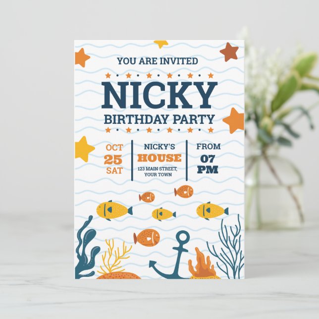 Under The Sea Birthday Invite, Ocean Animals Party Invitation (Standing Front)