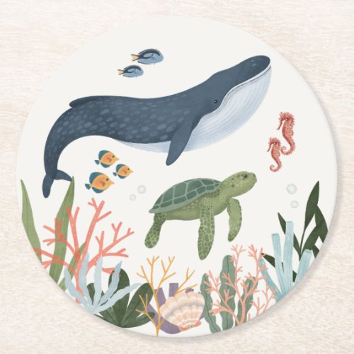 Under The Sea Birthday or Baby Shower Decor Round Paper Coaster
