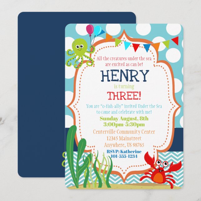 Under the Sea Birthday Party Invitation Sea Life (Front/Back)
