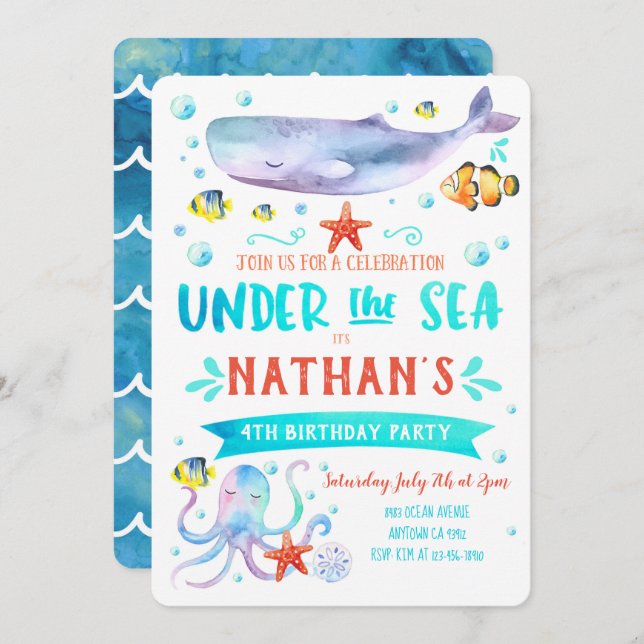 Under the Sea Birthday Party Invitation Whale (Front/Back)