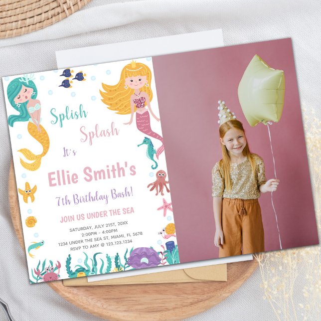 Under the Sea Blond Mermaid Birthday Invitation (Under the sea Blond Mermaid Invitations with photo)
