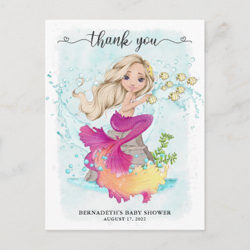 Under The Sea Blonde Mermaid Baby Shower Thank You Postcard