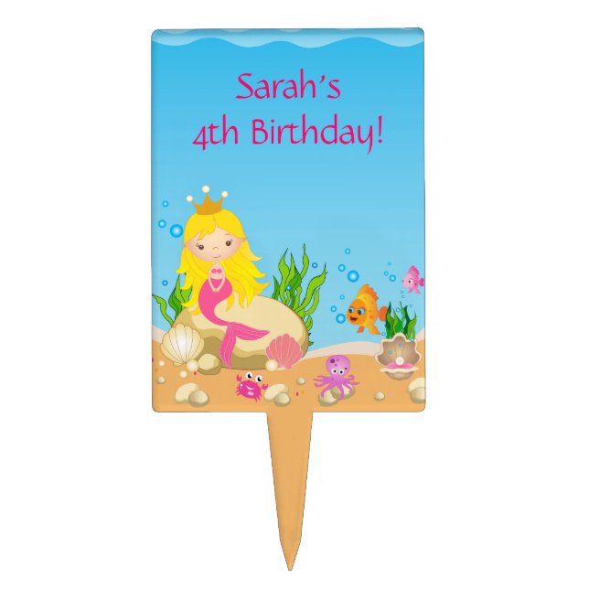 Under the Sea Blonde Mermaid Birthday Cake Topper (Front)