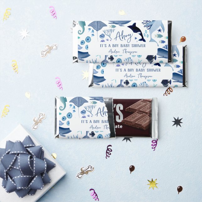 Under the Sea Blue Ahoy It's a Boy Baby Shower  Hershey Bar Favors (Front)