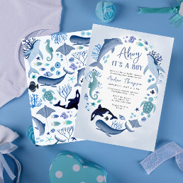 Under the Sea Blue Ahoy It&#39;s a Boy Baby Shower Invitation