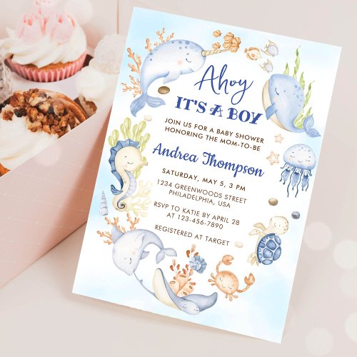 Under the Sea Blue Ahoy Its a Boy Baby Shower Invitation