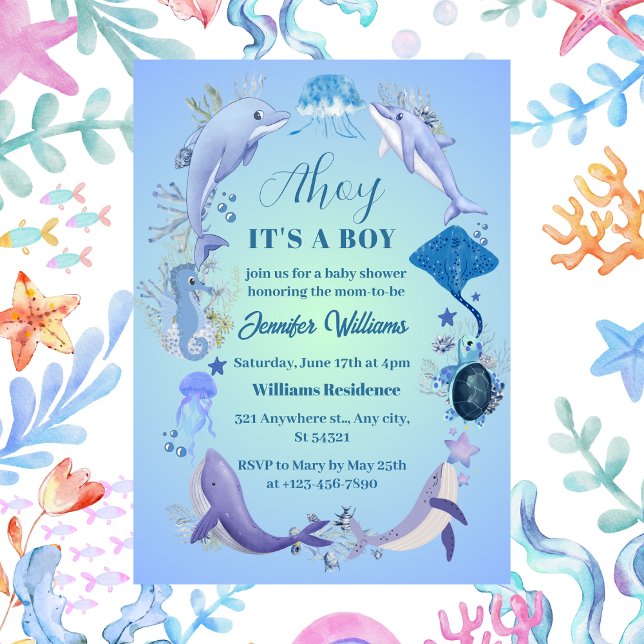 Under the Sea Blue Ahoy It's a Boy Baby Shower Invitation (Creator Uploaded)