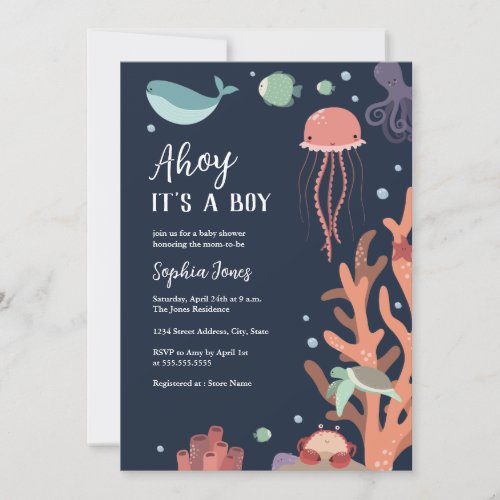 Under the Sea Blue Ahoy Its a Boy Baby Shower Invitation