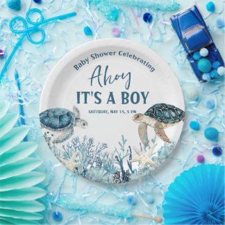 Under the Sea Blue Ahoy It's a Boy Baby Shower Paper Plates