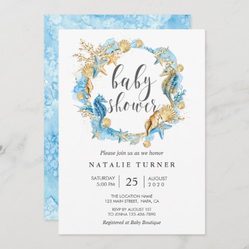 Under the Sea Blue and Gold Baby Shower Invitation
