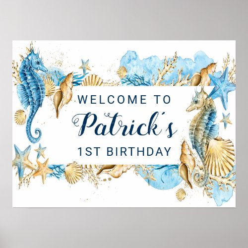 Under the Sea Blue and Gold Birthday Party Welcome Poster