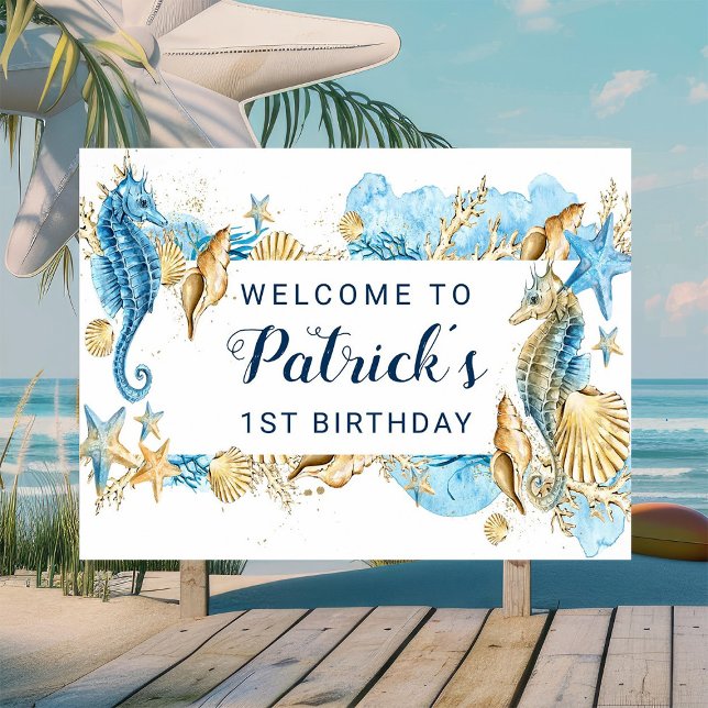 Under the Sea Blue and Gold Birthday Party Welcome Poster (Creator Uploaded)