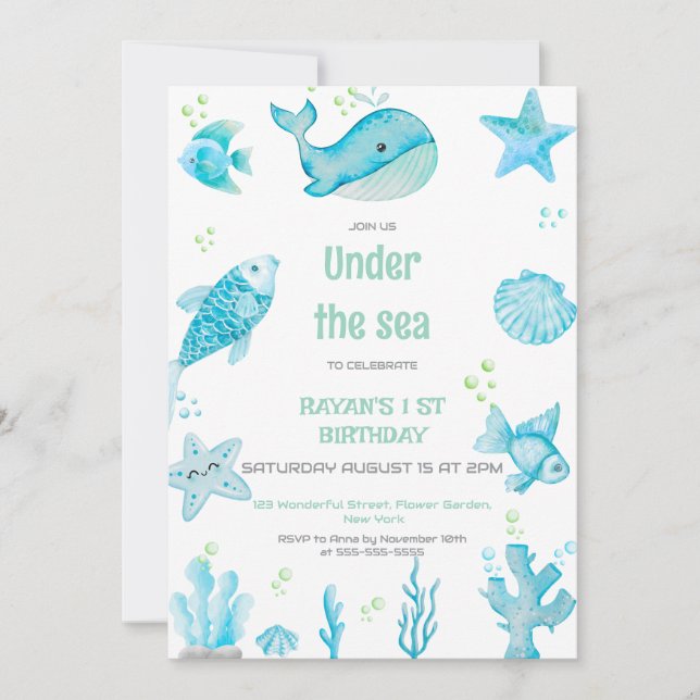 Under the Sea Blue and Green Birthday  Invitation (Front)