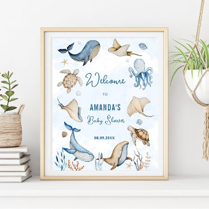 Under The Sea Blue Baby Shower Welcome Poster