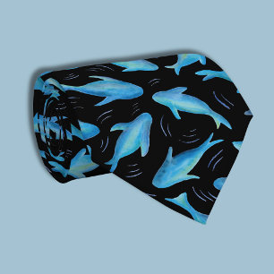 Under the Sea Blue Black Shark Fish Pattern Neck Tie