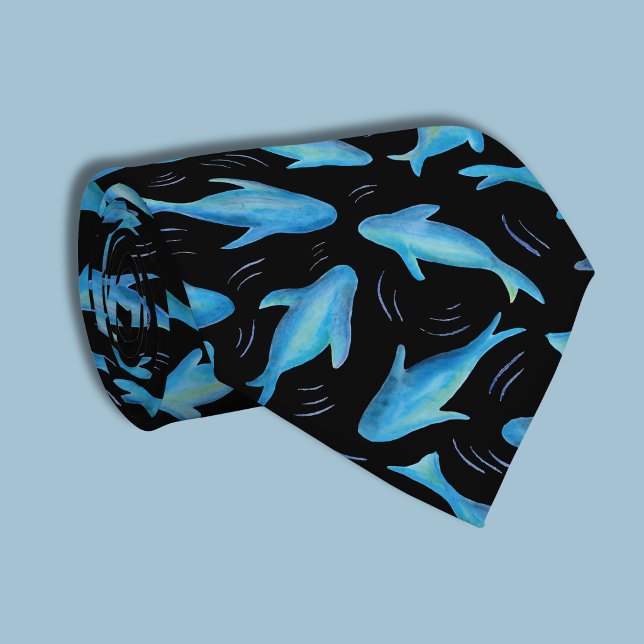 Under the Sea Blue Black Shark Fish Pattern Neck Tie (Blue and black swimming shark fish tie)