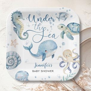 Under The Sea Blue Boy Watercolor Baby Shower Paper Plates