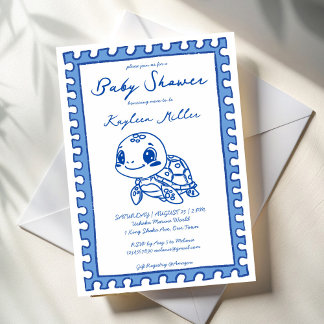 Under the sea blue cute turtle baby shower invitation