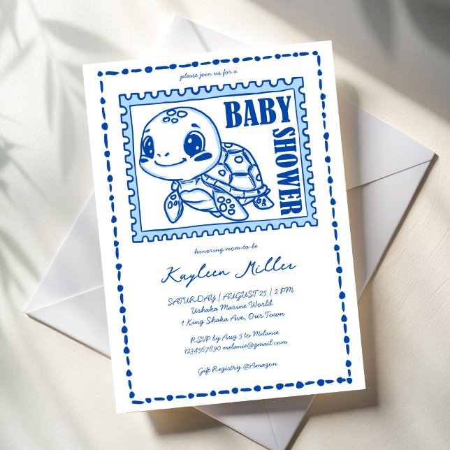 Under the sea blue cute turtle baby shower invitation (Under the sea blue cute turtle baby shower invitation cards template hand drawn post stamp turtle)