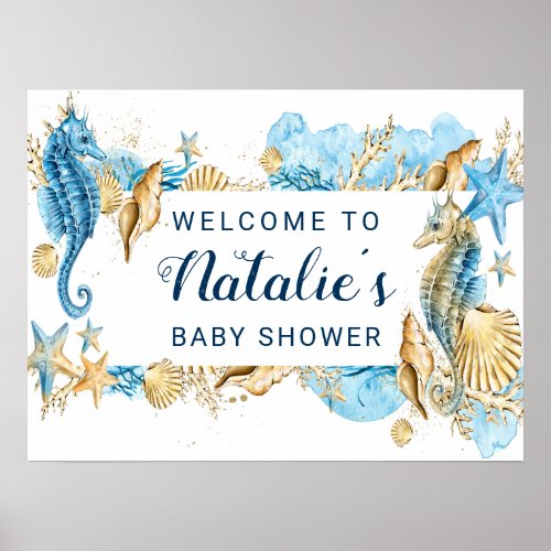 Under the Sea Blue  Gold Baby Shower Welcome Sign