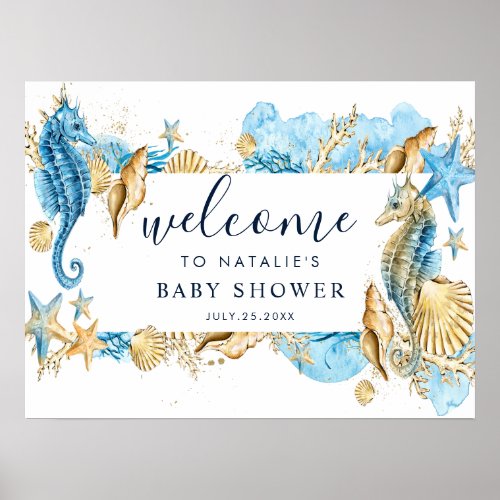 Under the Sea Blue  Gold Baby Shower Welcome Sign