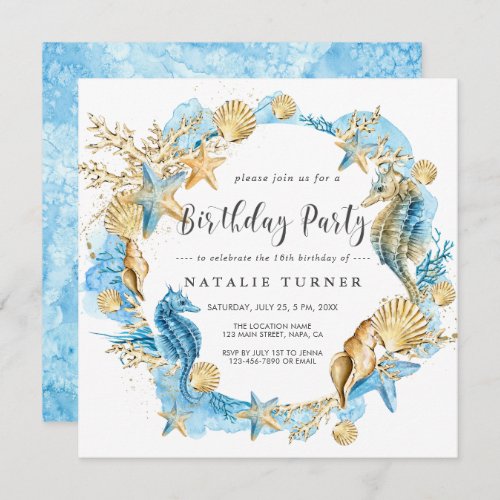 Under the Sea Blue Gold Birthday Party Invitation