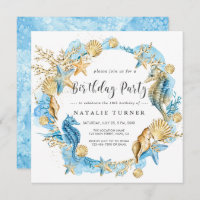 Under the Sea Blue Gold Birthday Party Invitation