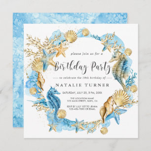 Under the Sea Blue Gold Birthday Party Invitation