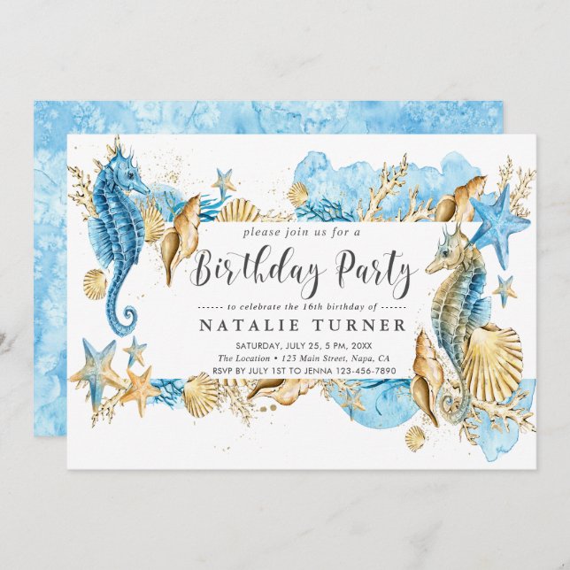 Under the Sea Blue Gold Birthday Party Invitation (Front/Back)