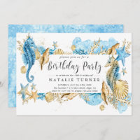 Under the Sea Blue Gold Birthday Party Invitation