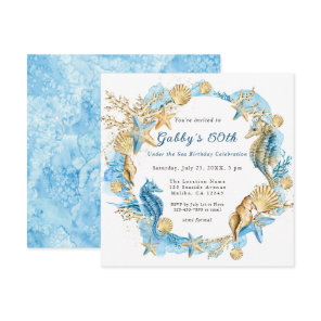 Under the Sea Blue Gold Birthday Party  Invitation
