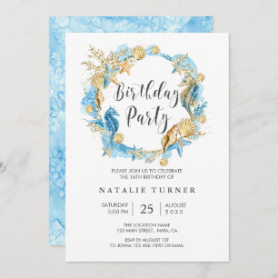 Under the Sea Blue Gold Birthday Party Invitation