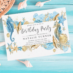 Under the Sea Blue Gold Birthday Party Invitation