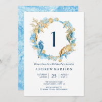 Under the Sea Blue Gold Birthday Party Invitation