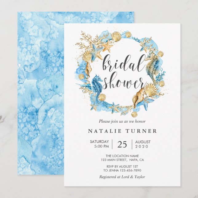 Under the Sea Blue & Gold Bridal Shower Invitation (Front/Back)